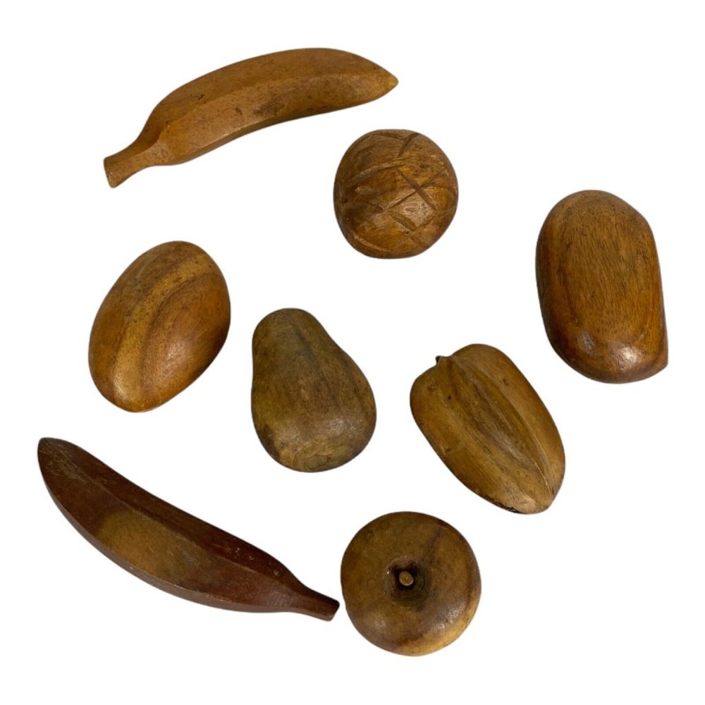 Mid Century Wooden Fruit Lot of 8 Vintage Carved Retro Brown 8 Pieces